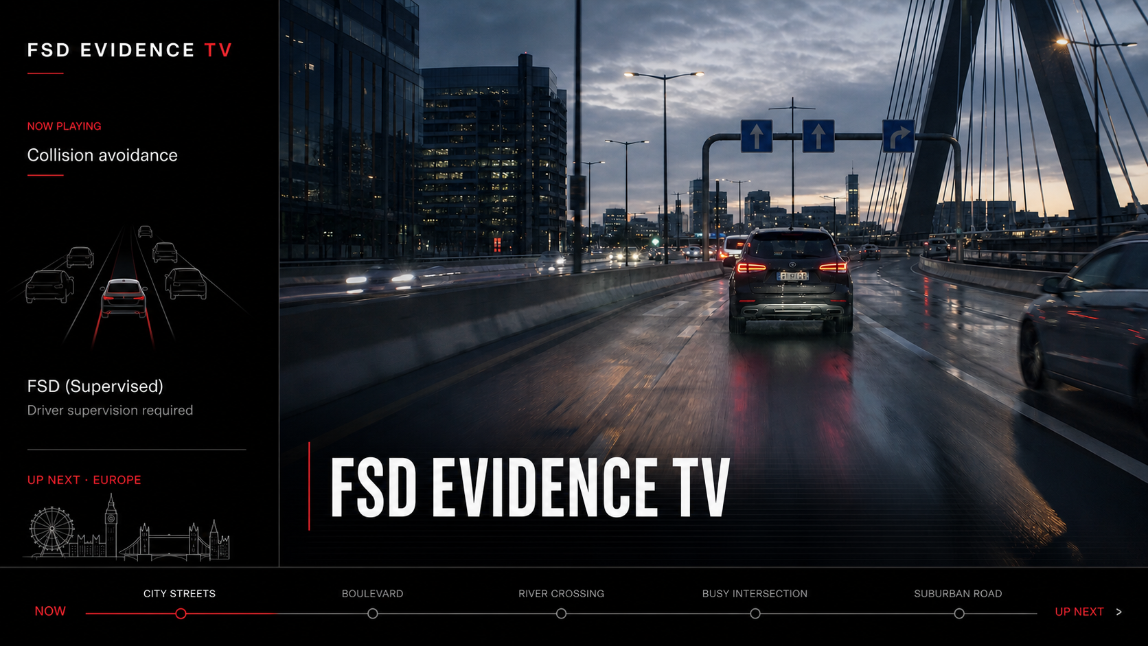 FSD Evidence TV presenting a supervised driving clip with chapter and source context