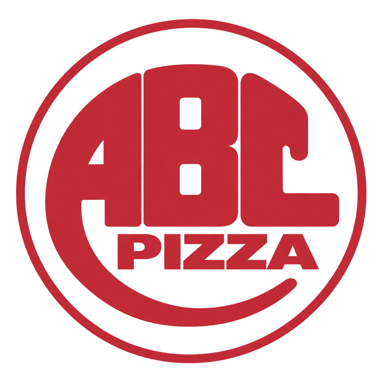 Restored red ABC Pizza logo: rounded ABC letters, PIZZA lettering, and a curved underline within a circular border