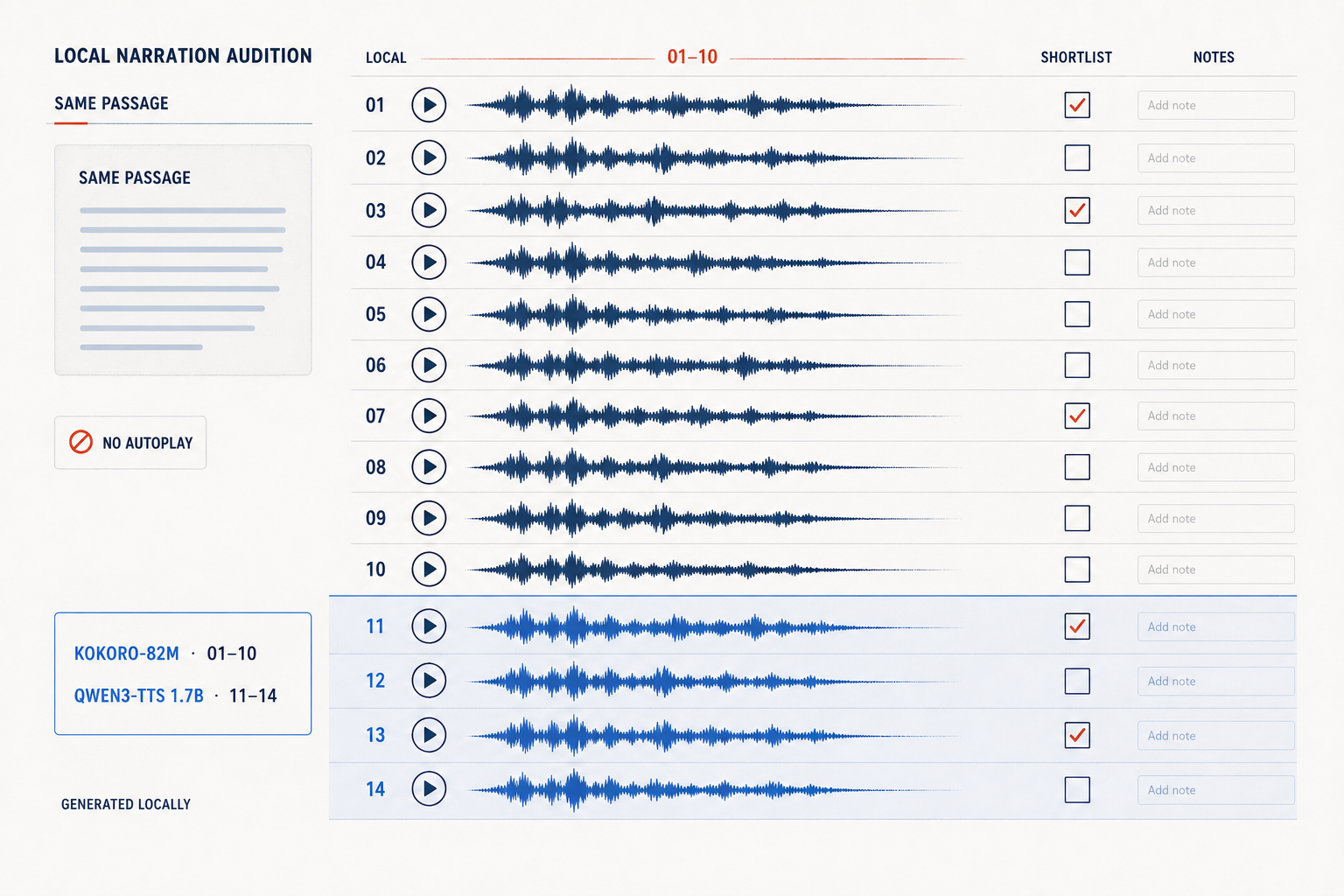 Fourteen narration auditions arranged around a waveform.
